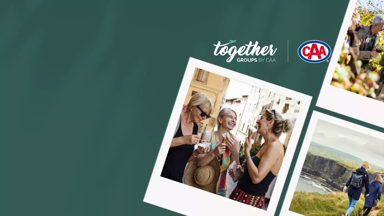 Polaroid pictures of travellers on a green background with the Together. Groups by CAA Travel logo