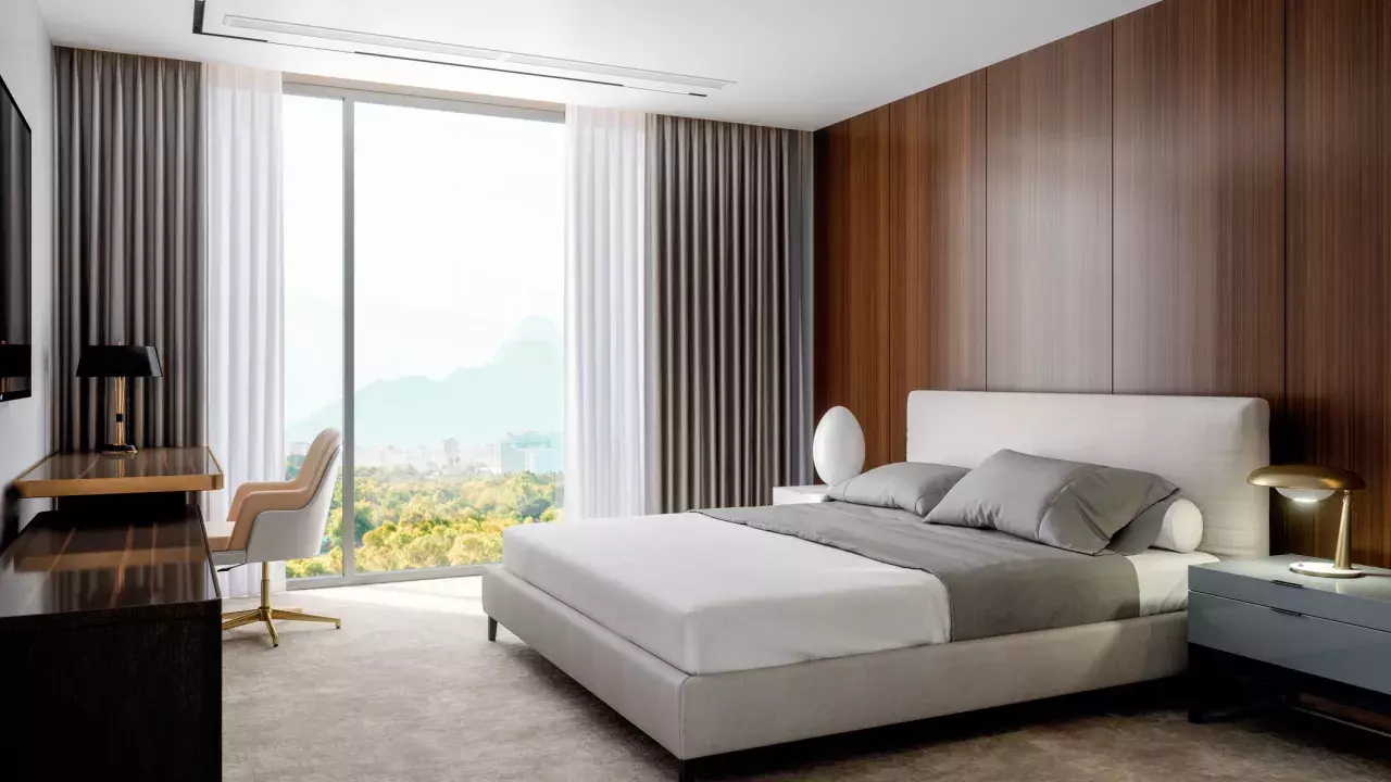 Modern hotel room with wood panel walls