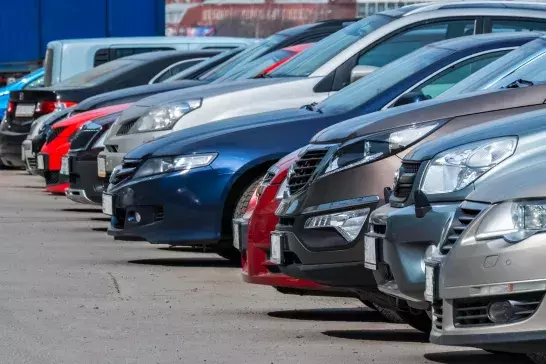 View of the front of the cars parked in a row in a parking lot.