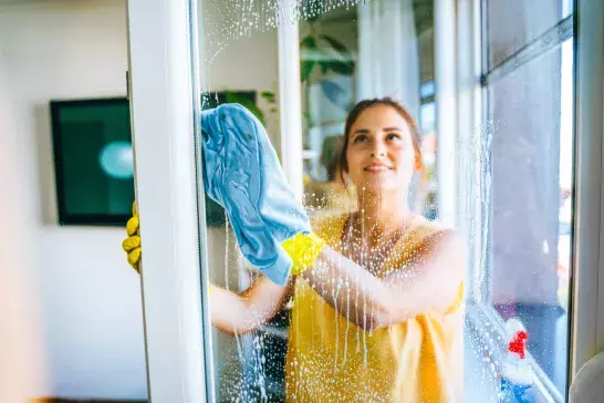 young woman cleaning and wiping window with spray bottle and rag