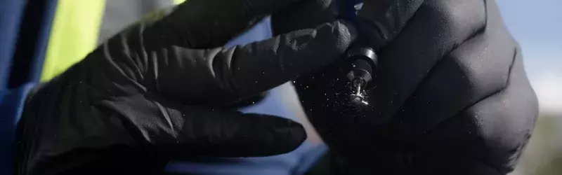 Hands against a windshield completing a chip repair.