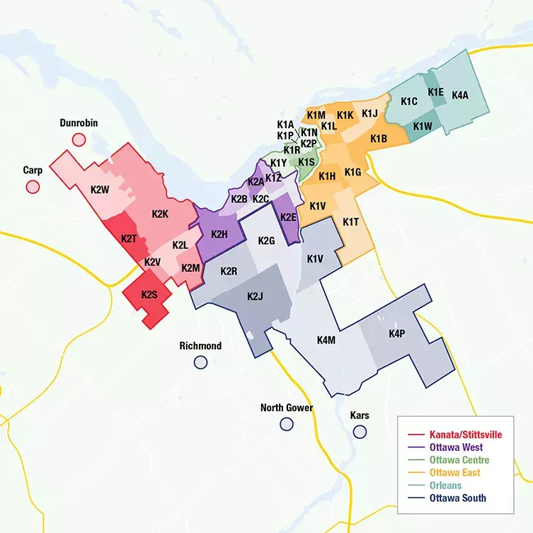 Service Map for Mobile Tire Service, Mobile Oil Change, Mobile Chip Repair, Mobile Detailing, and Mobile Auto Repair in Greater Ottawa by Postal Code and City