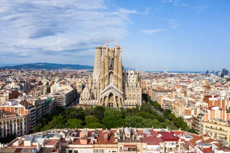 La Sagrada Familia Drone view of the uncomplete Cathedral in Barcelona Spain