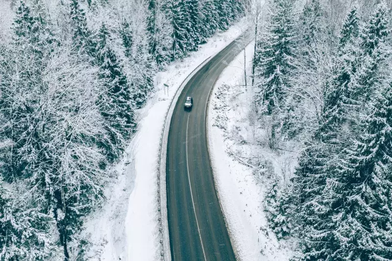 Aerial view of winter road with car and snow covered trees in the forest