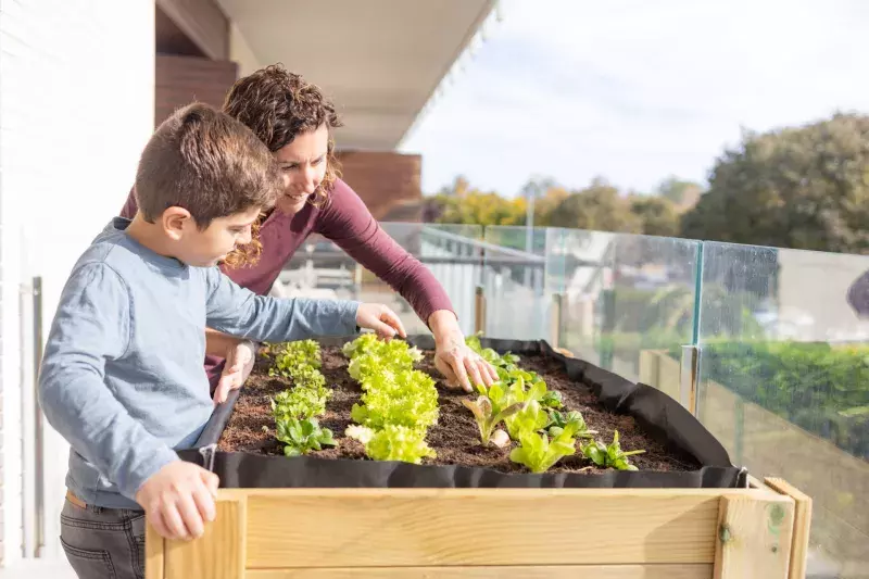 Mother and son working on a urban garden at home