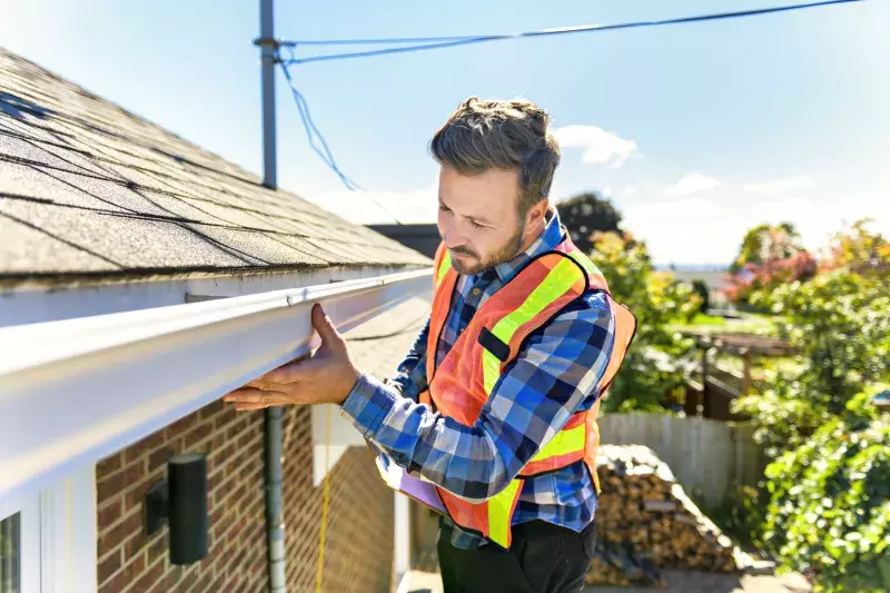 man standing on steps inspecting house roof