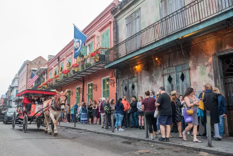 View of St Peter street in New Orleans, with people queuing in front of the Preservation Hall jazz venue and a mule-drawn carriage in the street.